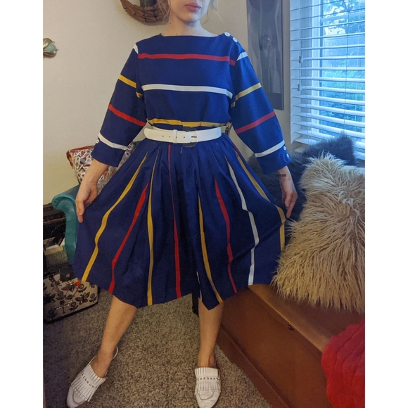 Vintage 80s striped pleated skater skirt set - Picture 2 of 4